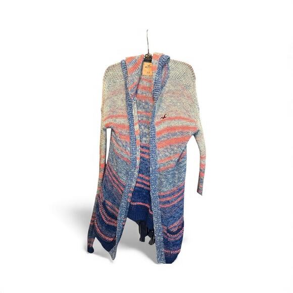 Hollister Sweater Jacket Womens Medium Blue Pink Hooded Open Front Cardigan Knit - Picture 1 of 1